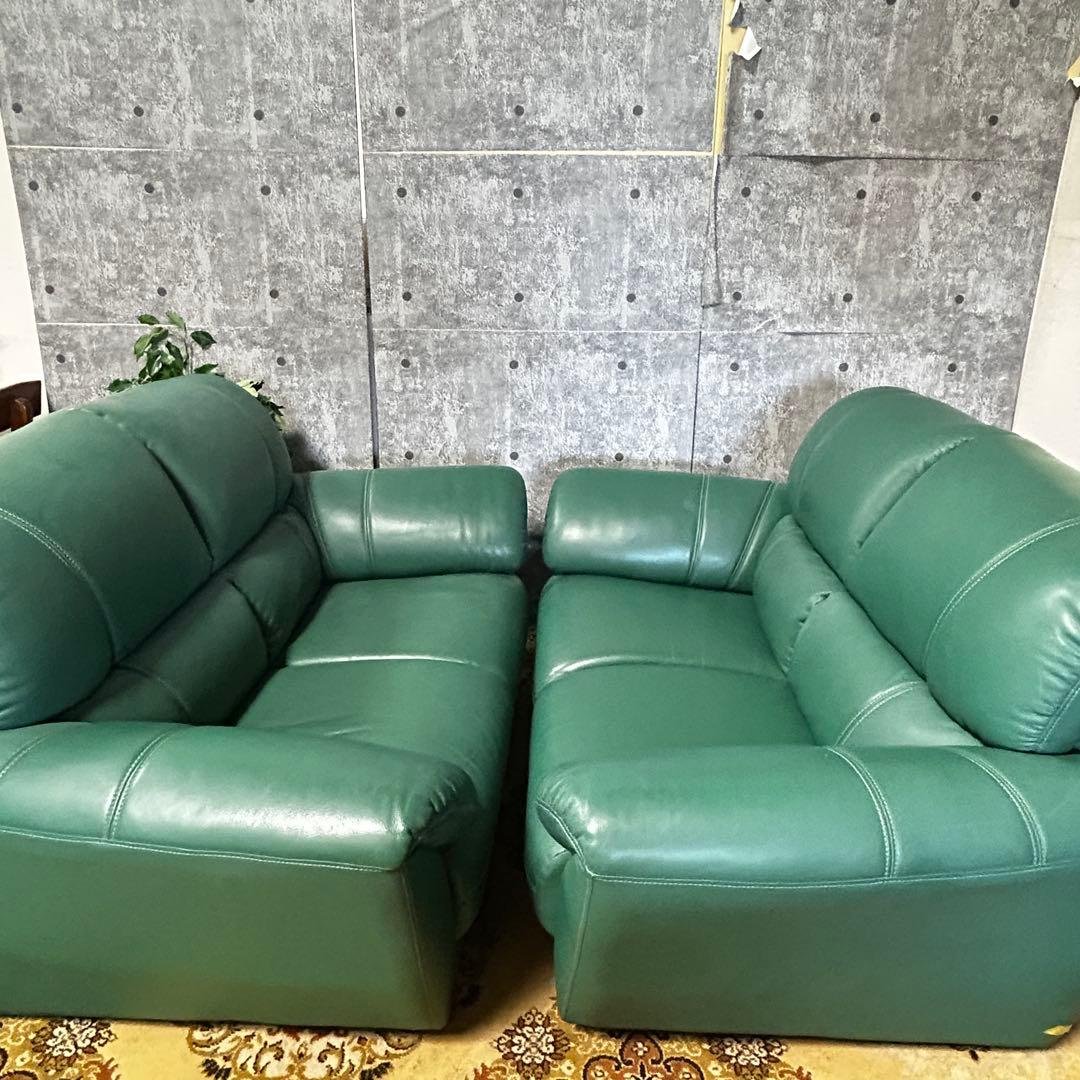 ask꧁革素材꧂2人掛けアームソファ1脚 グリーン レザー 合成皮革 応接