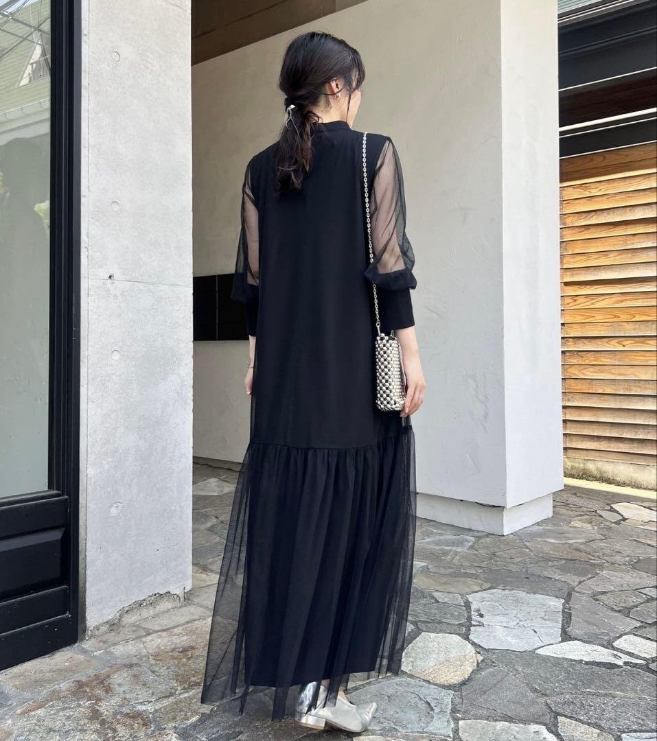 シースルー袖 ブラックロングドレス