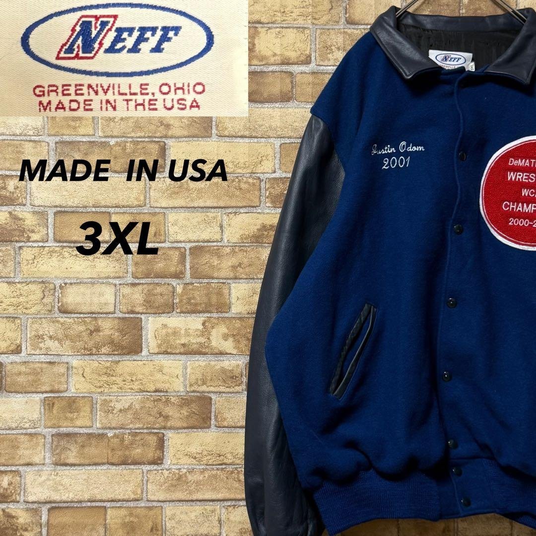 NEFF　ネフ　USA製　袖革ウールスタジャン　レザー　ビッグシルエット3XL.