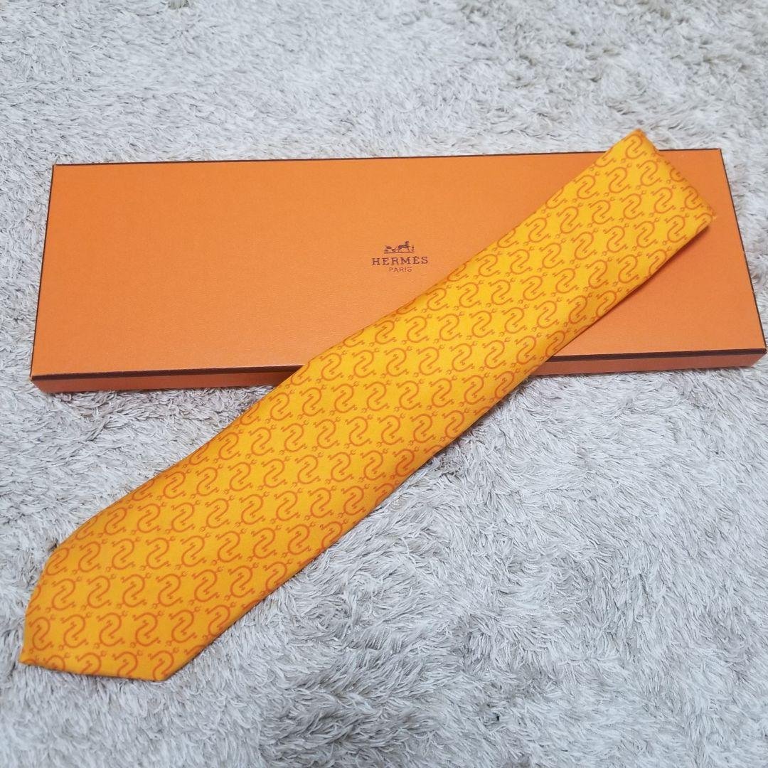 【HERMES】エルメス シルク100% オレンジ ネクタイ 箱付き 約8cm